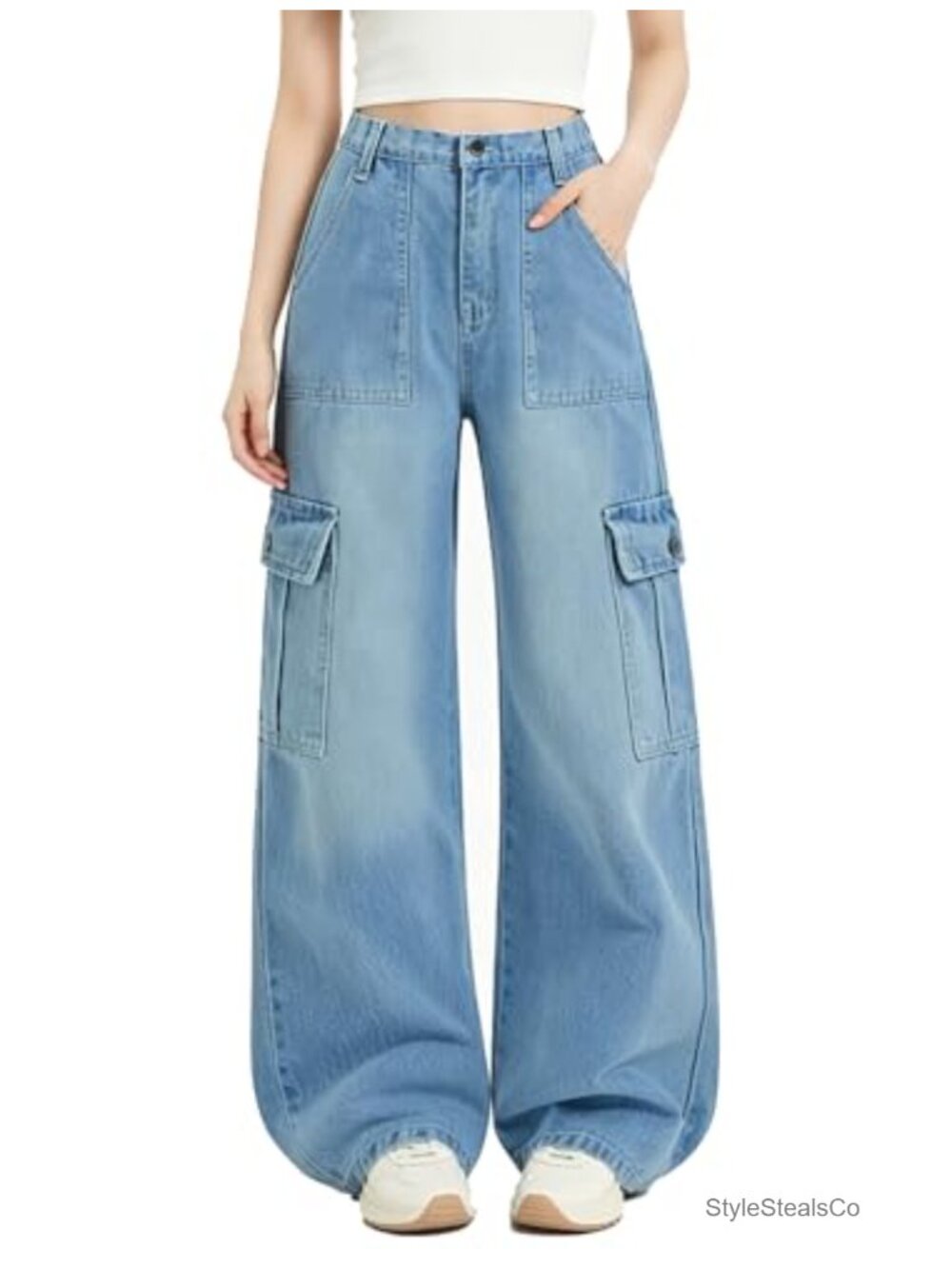 Girls Wide Leg Cargo Jeans Elastic Waist 4-Pocket Cotton